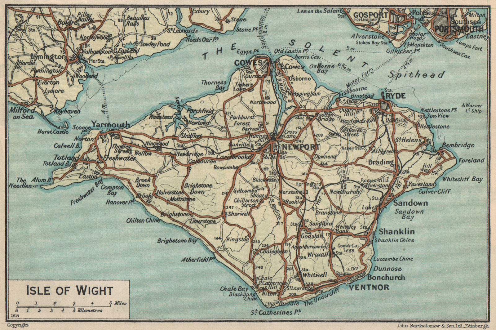 ISLE OF WIGHT vintage map. Shows (now disused) railways. Ferry routes 1939